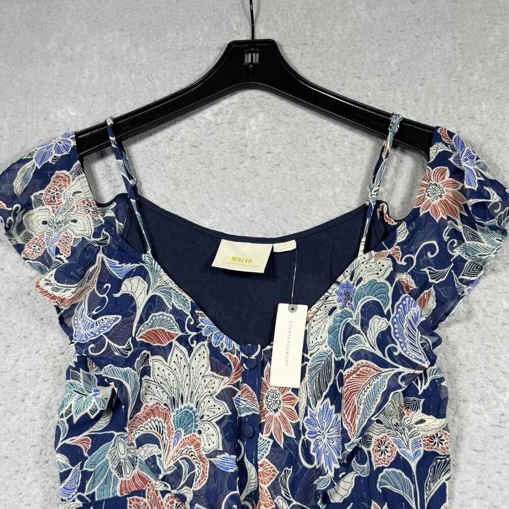 Anthropologie Maeve Blouse Top Women’s Size 6 Navy Floral Ruffle Open-Shoulder - Picture 3 of 15